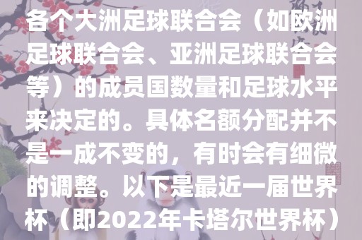 世界杯的名额分配通常是根据各个大洲足球联合会(如欧洲足球联合会、亚洲足球联合会等)的成员国数量和足球水平来决定的。具体名额分配并不是一成不变的,有时会有细微的调整。以下是最近一届世界杯(即2022年卡塔尔世界杯)各大洲的名额分配情况